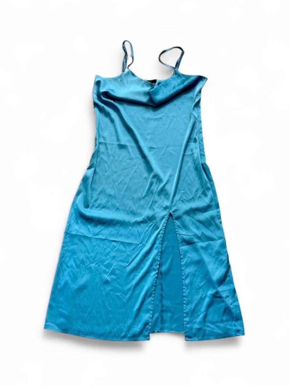 Forever 21 Teal Satin Slip Midi Dress with Front Slit